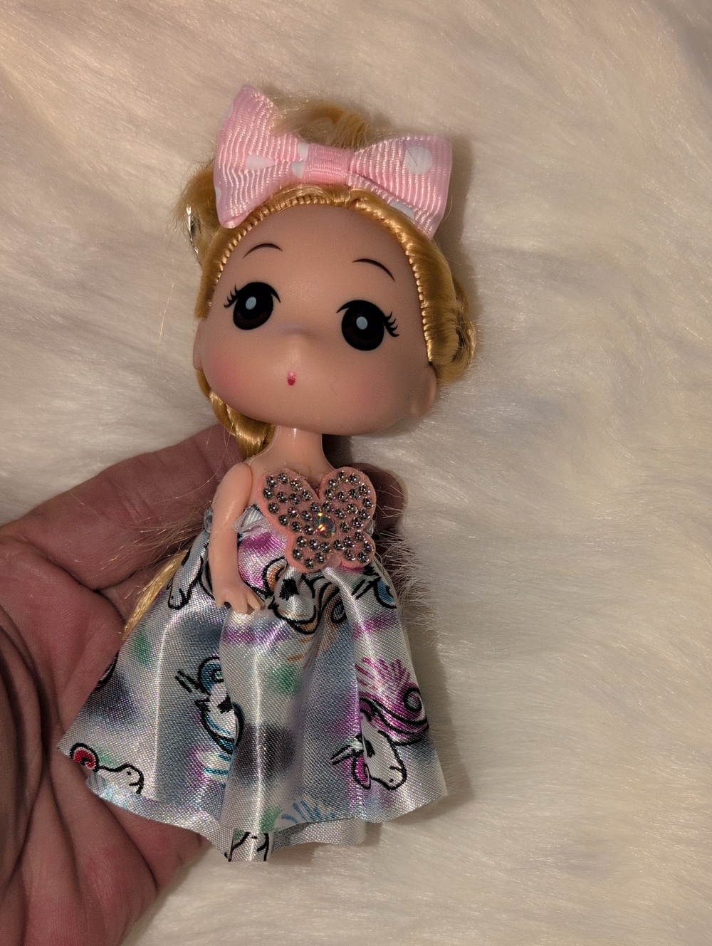 Pink Bow Doll with Rhinestone Heart Dress Keychain Bag Charm